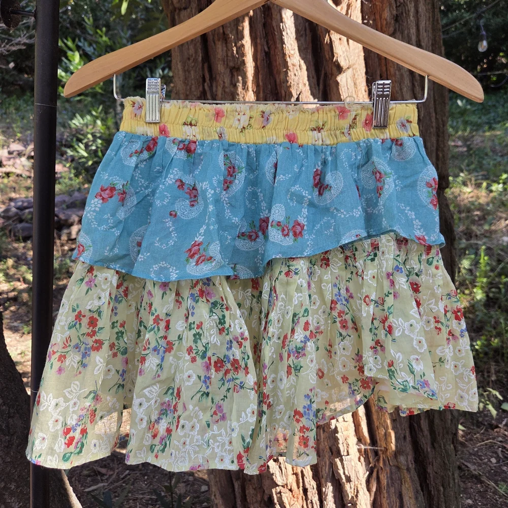 LoveShackFancy 100% Cotton Soleil Patchwork Floral Ruffle Skirt‎